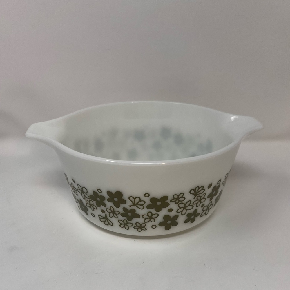 Pyrex White Casserole Dish with Olive Green Floral Pattern